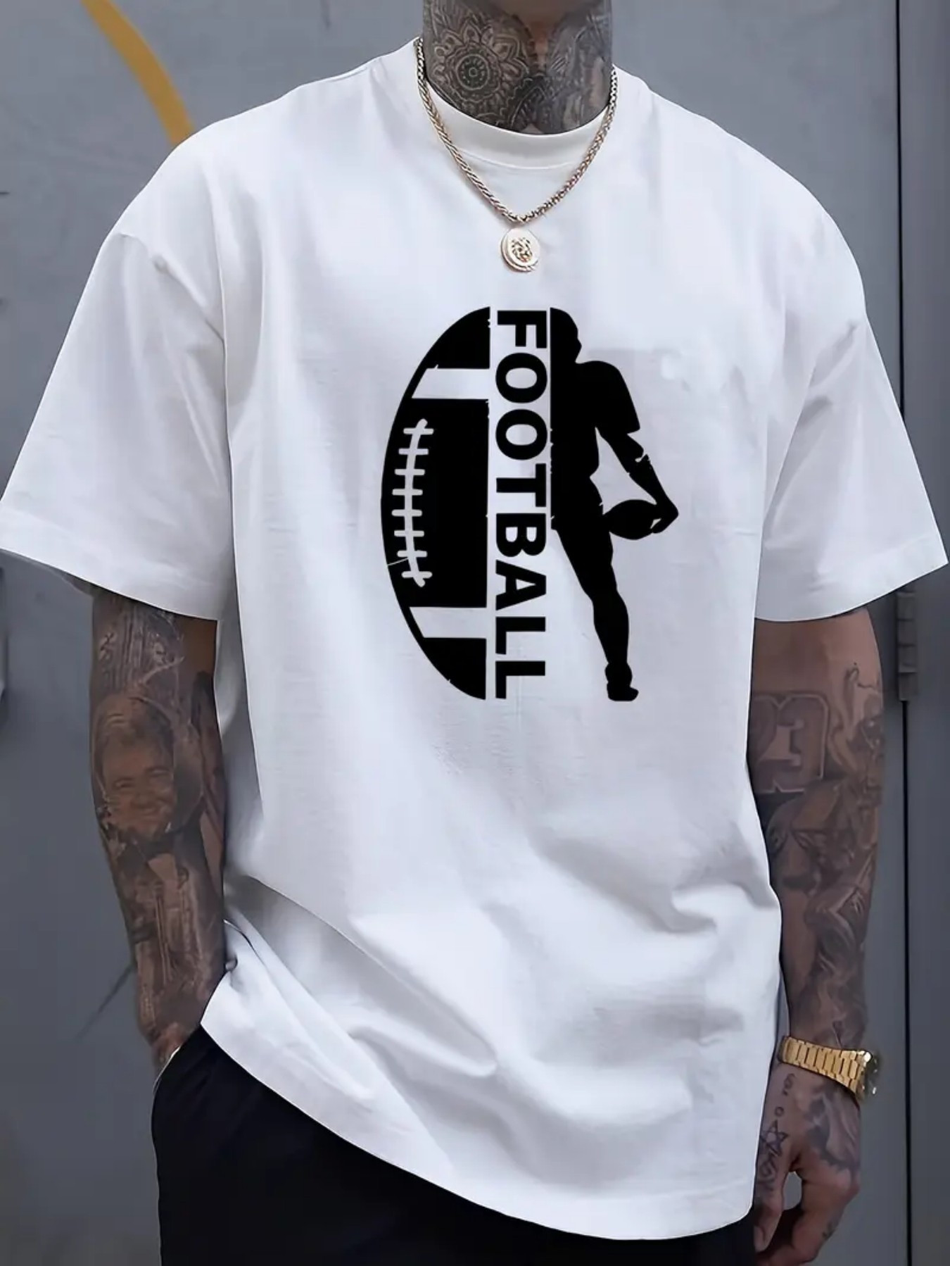 Men's Graphic T-Shirt Football Text Silhouette With Black Graphic Grunge Effect On White Shirt Football