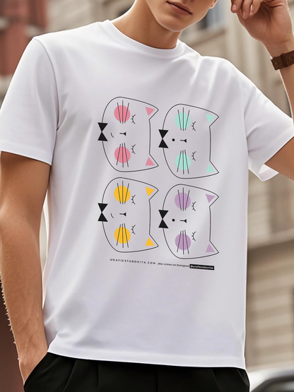 Men's Graphic T-Shirt Playful Pastel Line Art Among Geometric Shapes Cat