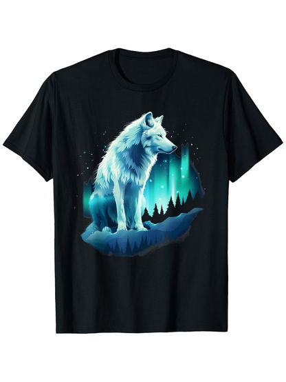 Men's Graphic T-Shirt Mystical Aurora Borealis Shimmering Night Forest With Majestic Lone Wolf