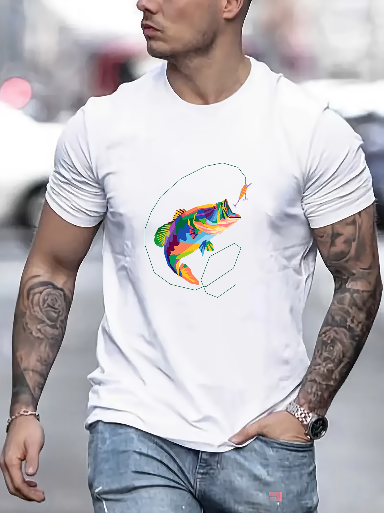 Men's Graphic T-Shirt Color Splash Abstract Fish Outline With Minimalist Background Fish