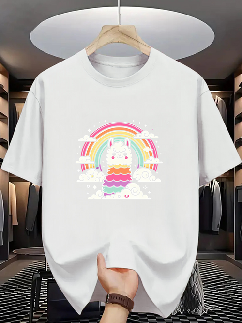 Men's Graphic T-Shirt Colorful Clouds Pastel Rainbow With Vibrant Stripes Surrounding Playful Cute Llama