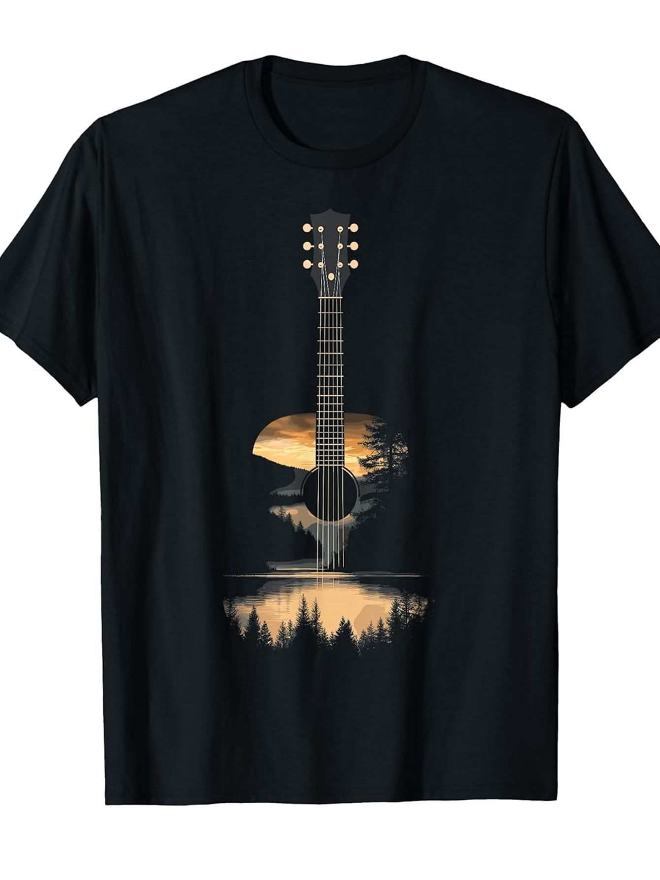 Men's Graphic T-Shirt Golden Sunset Reflected Among Forest And Lake Shaped Guitar