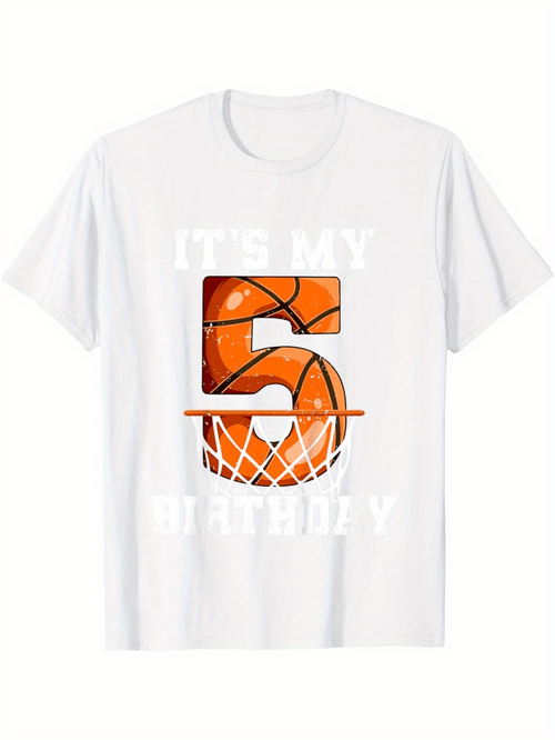 Men's Graphic T-Shirt Its My Fifth Birthday With Basketball And Orange Number Five