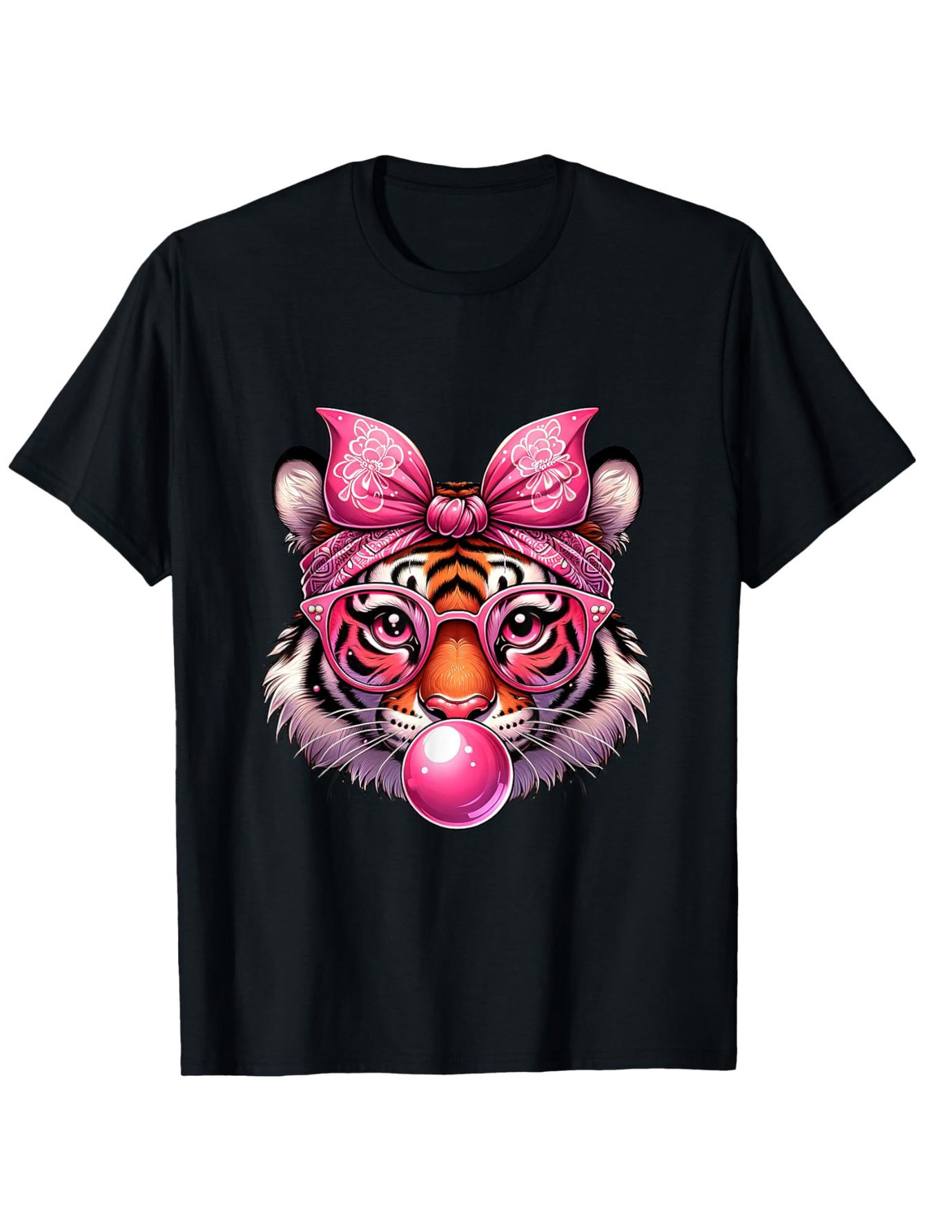 Men's Graphic T-Shirt Cute Tiger Wearing Pink Glasses And Bow Blowing Bubblegum