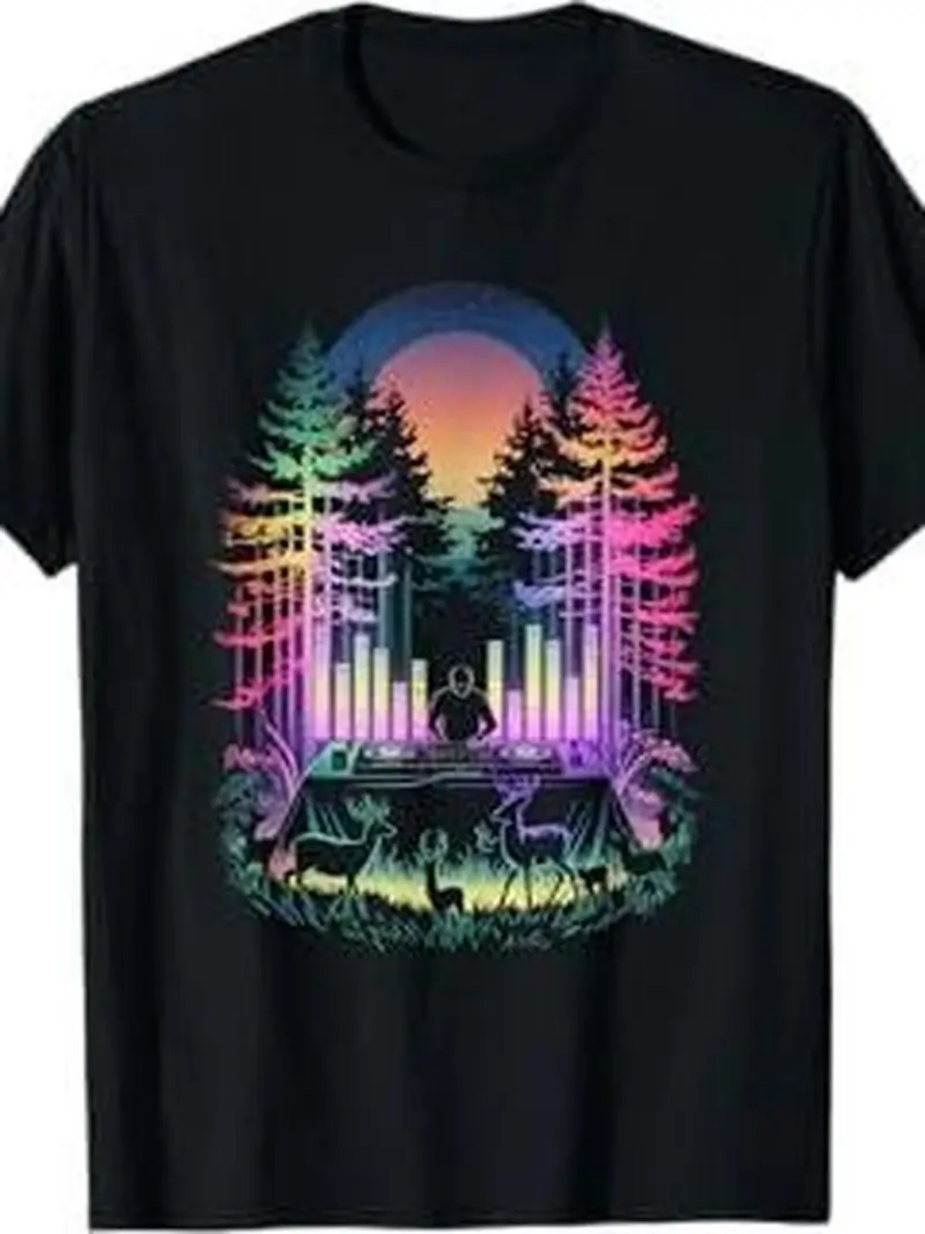 Men's Graphic T-Shirt Vibrant Neon Forest Landscape With Music DJ Surrounded By Deer