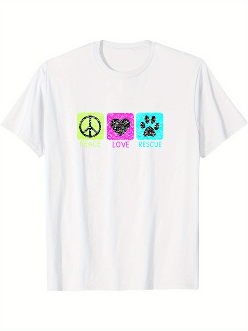Men's Graphic T-Shirt Peace And Love With Paw Print Surrounded By Neon Rescue Symbols