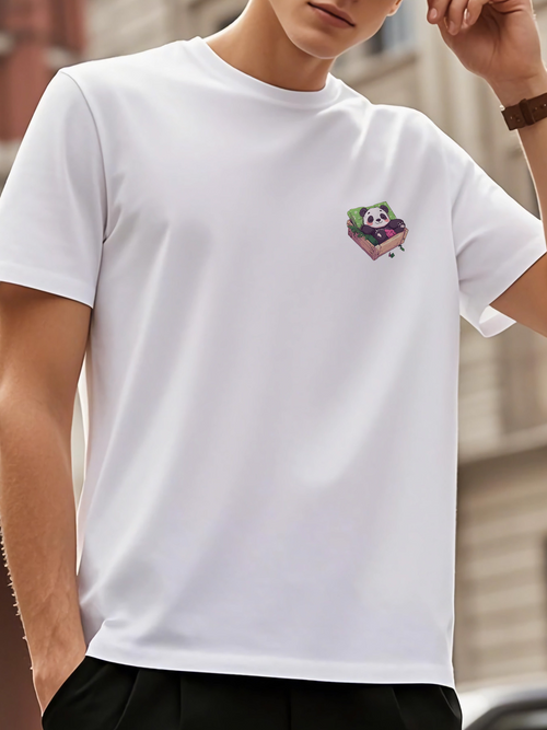 Men's Graphic T-Shirt Playful Panda Resting On A Cozy Book In Soft White Tee Panda