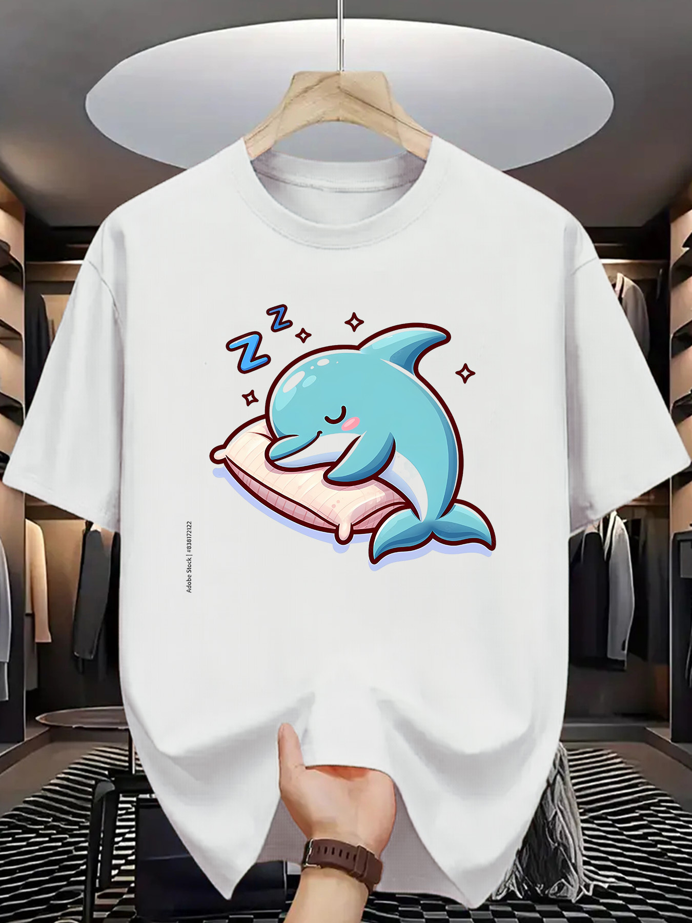 Men's Graphic T-Shirt Sleeping Blue Dolphin With Pillow And Little Sparkling Stars Dolphin