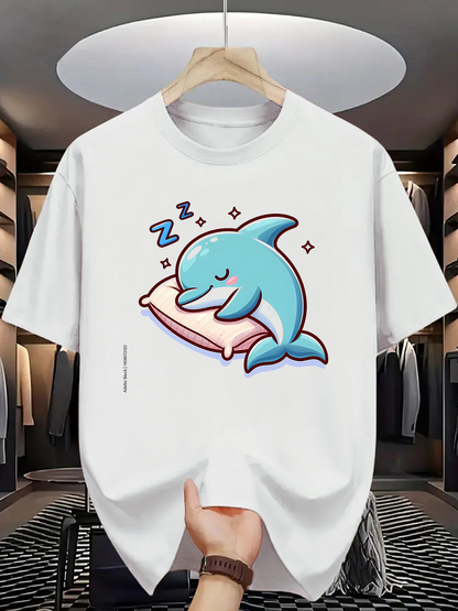 Men's Graphic T-Shirt Sleeping Blue Dolphin With Pillow And Little Sparkling Stars Dolphin