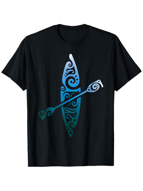 Men's Graphic T-Shirt Tribal Swirl Motif In Blue And Aqua Overlapping A Kayak Paddle