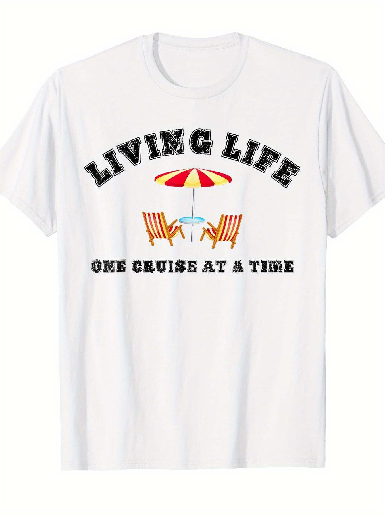 Men's Graphic T-Shirt Living Life With Deck Chairs Under Colorful Beach Umbrella
