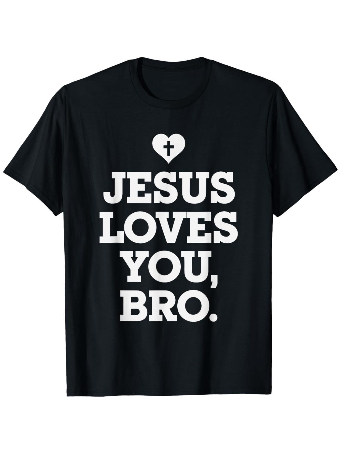 Men's Graphic T-Shirt Jesus Loves You Bro Bold Letters With Heart And Cross