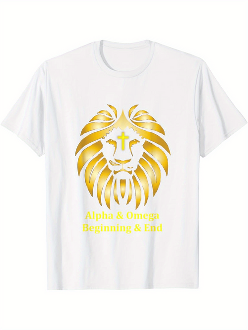 Men's Graphic T-Shirt Alpha Omega Beginning End With Gold Radiant Lion
