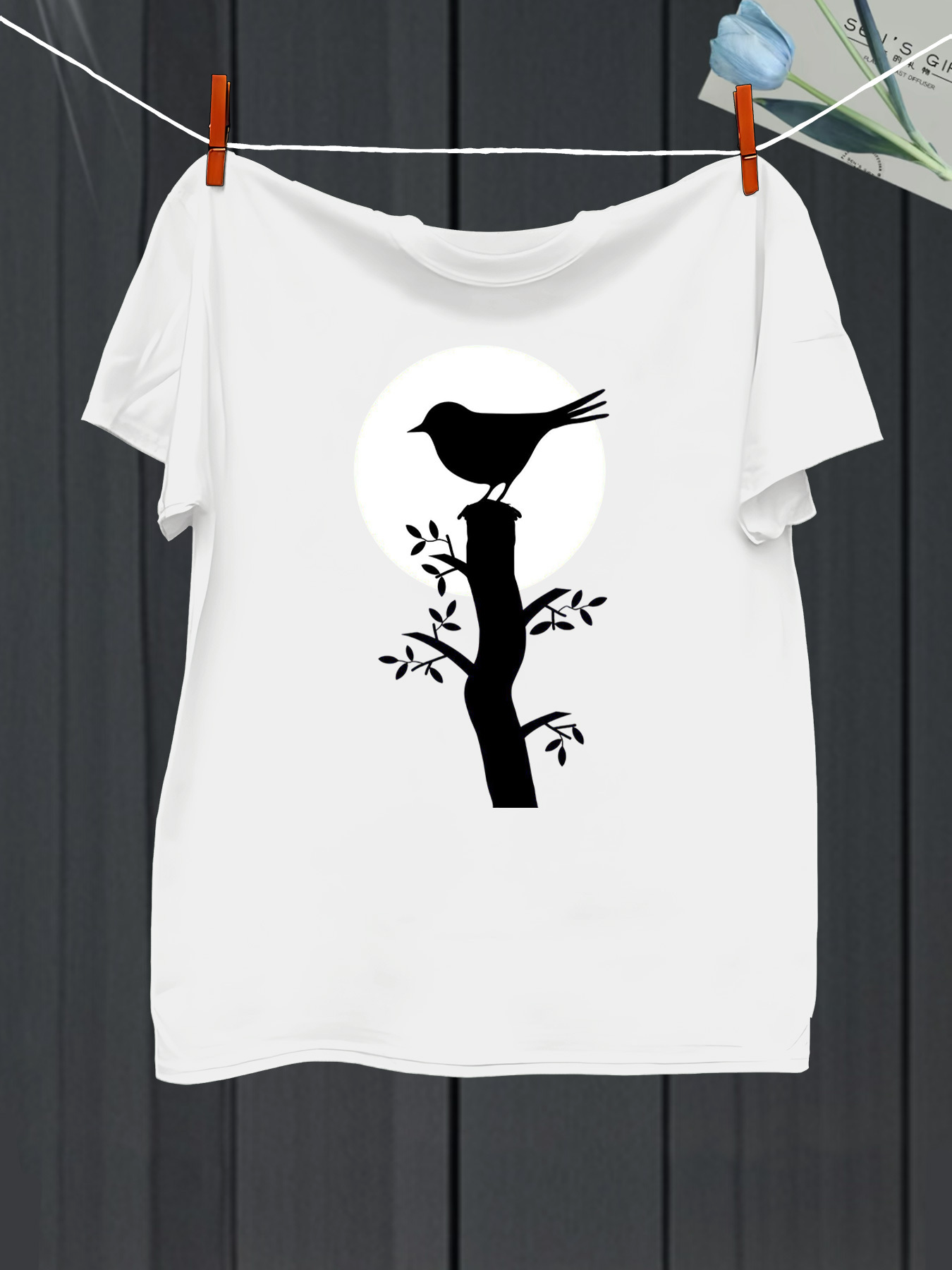 Men's Graphic T-Shirt Silhouetted Bird Perched On Branch In Front Of Full Moon