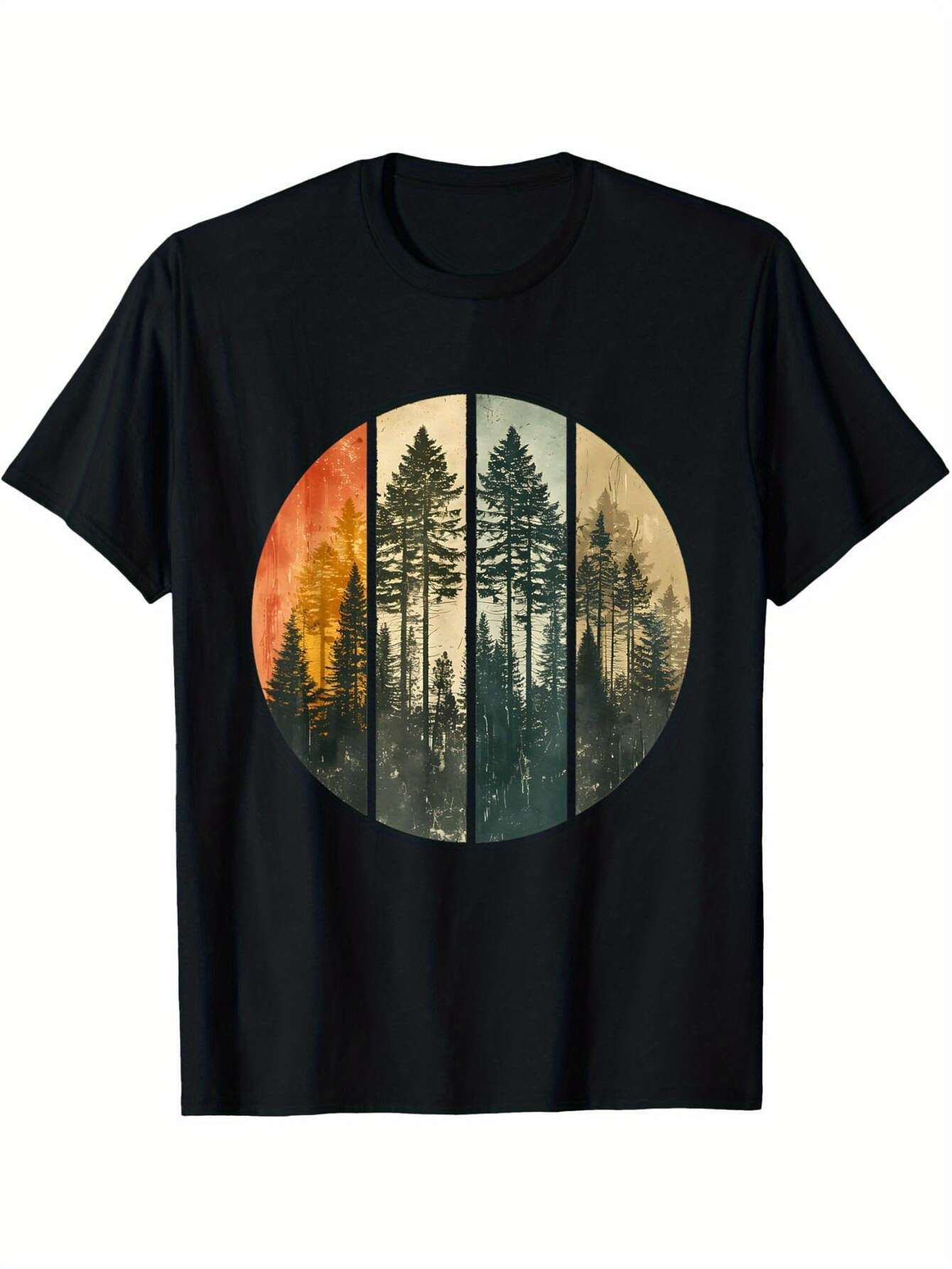 Men's Graphic T-Shirt Moody Forest Silhouette Surrounded By Golden And Orange Hazy Sunlight Trees