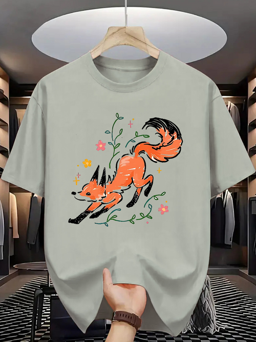 Men's Graphic T-Shirt Vibrant Orange Fox Surrounded By Whimsical Leaves And Delicate Flowers Fox
