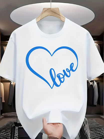 Men's Graphic T-Shirt Blue Love Script With Hand Drawn Heart Outline