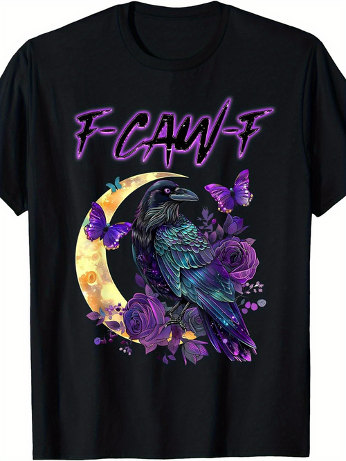 Men's Graphic T-Shirt FCawF Crescent Moon With Purple Roses And Butterflies Surrounding Raven