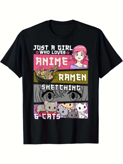 Men's Graphic T-Shirt Just A Girl Who Loves Anime Ramen Sketching And Cute Cats