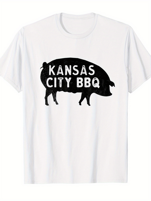 Men's Graphic T-Shirt Kansas City BBQ Rustic Pig Silhouette With Simple Lettering
