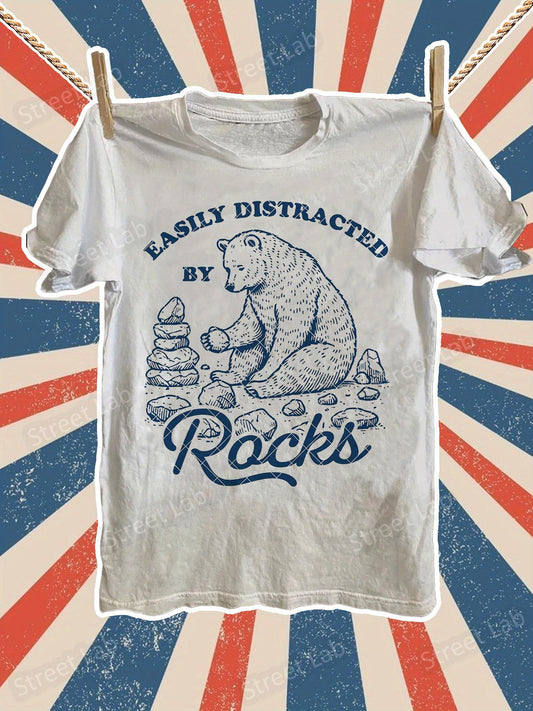 Women's Graphic T-Shirt Easily Distracted By Rocks Sitting Bear Surrounded By Stacked Stones And Pebbles