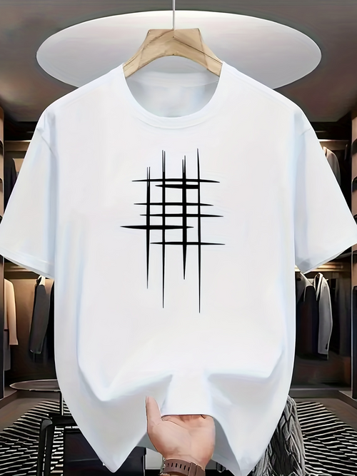 Men's Graphic T-Shirt White Lines Abstract Graphic Over Minimalist Brush Strokes Design Pattern