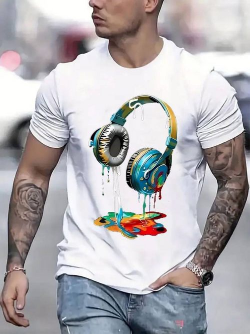 Men's Graphic T-Shirt Colorful Splattered Paint With Headphones Under Dripping Artistic Splash Headphone