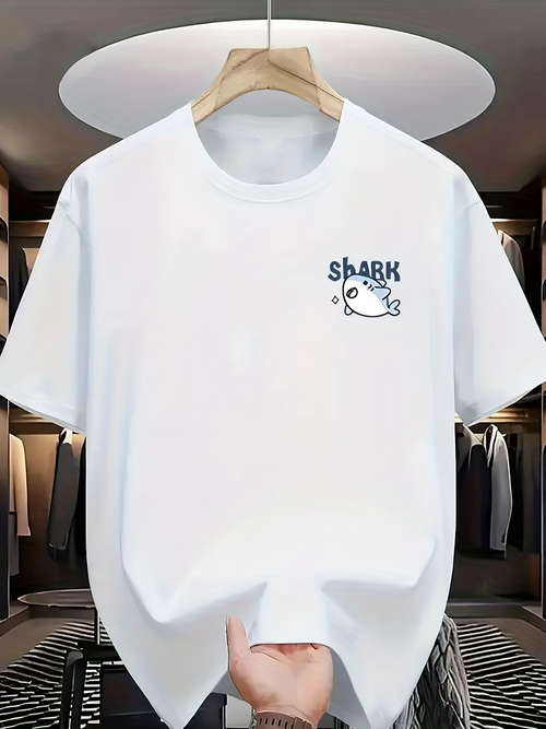 Men's Graphic T-Shirt Playful Cartoon Style Fish With Handwritten Shark Text