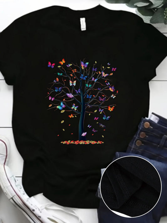Women's Graphic T-Shirt Colorful Butterflies And Vivid Blossoms Flying Around Lively Tree