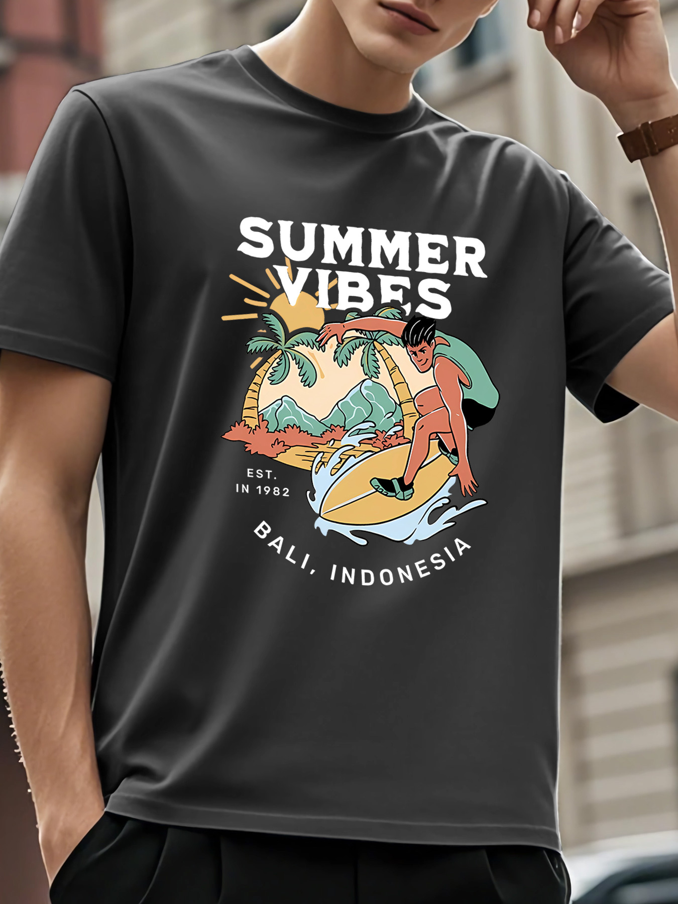Men's Graphic T-Shirt Summer Vibes Surfboards Palm Trees And Tropical Island Beach