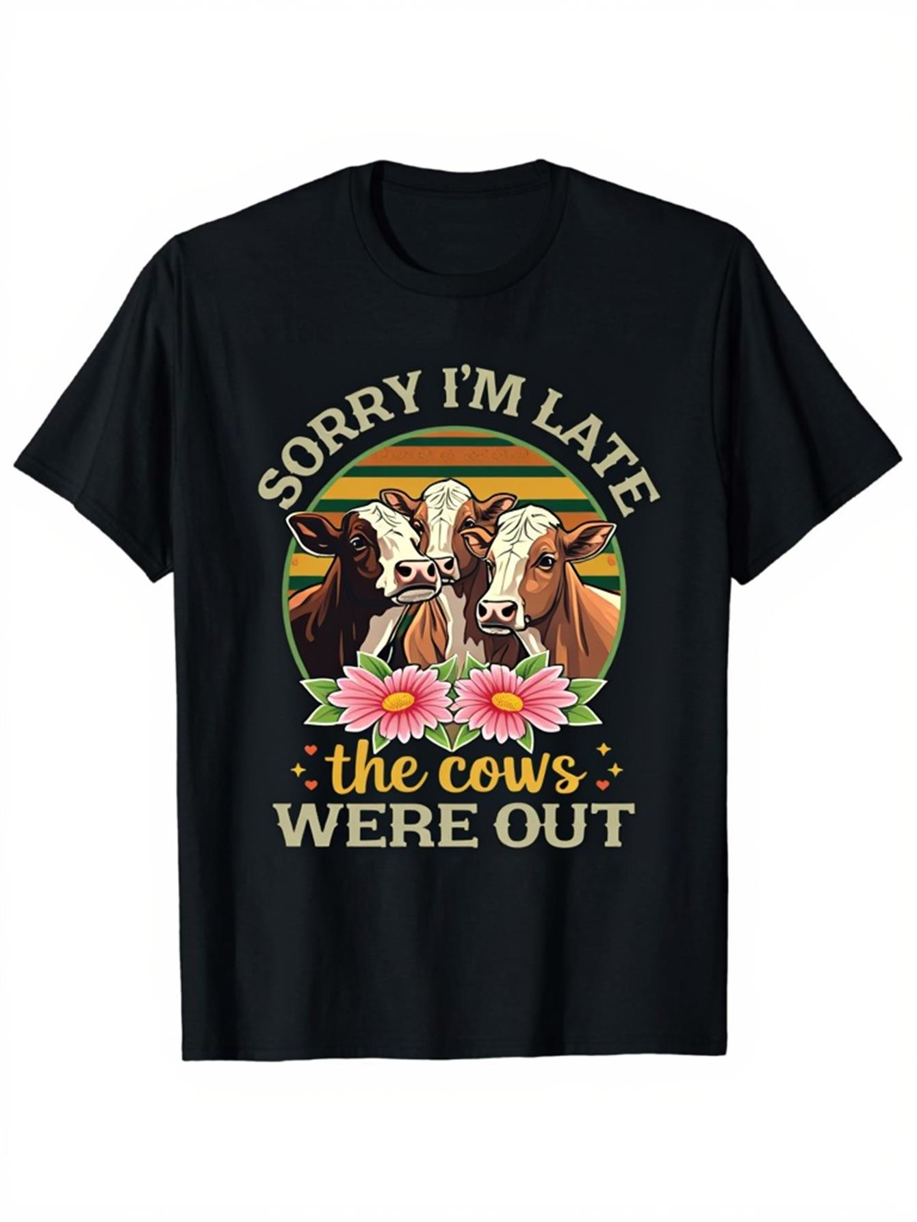 Men's Graphic T-Shirt Sorry I Am Late With Pink Flowers Among Grazing Cows