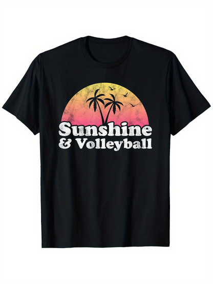 Men's Graphic T-Shirt Sunshine Volleyball With Palm Trees Birds And Sunset Silhouette Scene