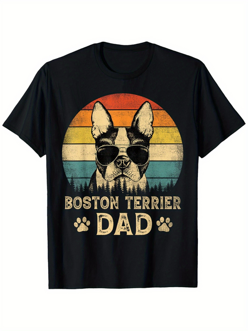 Men's Graphic T-Shirt Retro Sunset With Cool Sunglasses Wearing Boston Terrier Dog