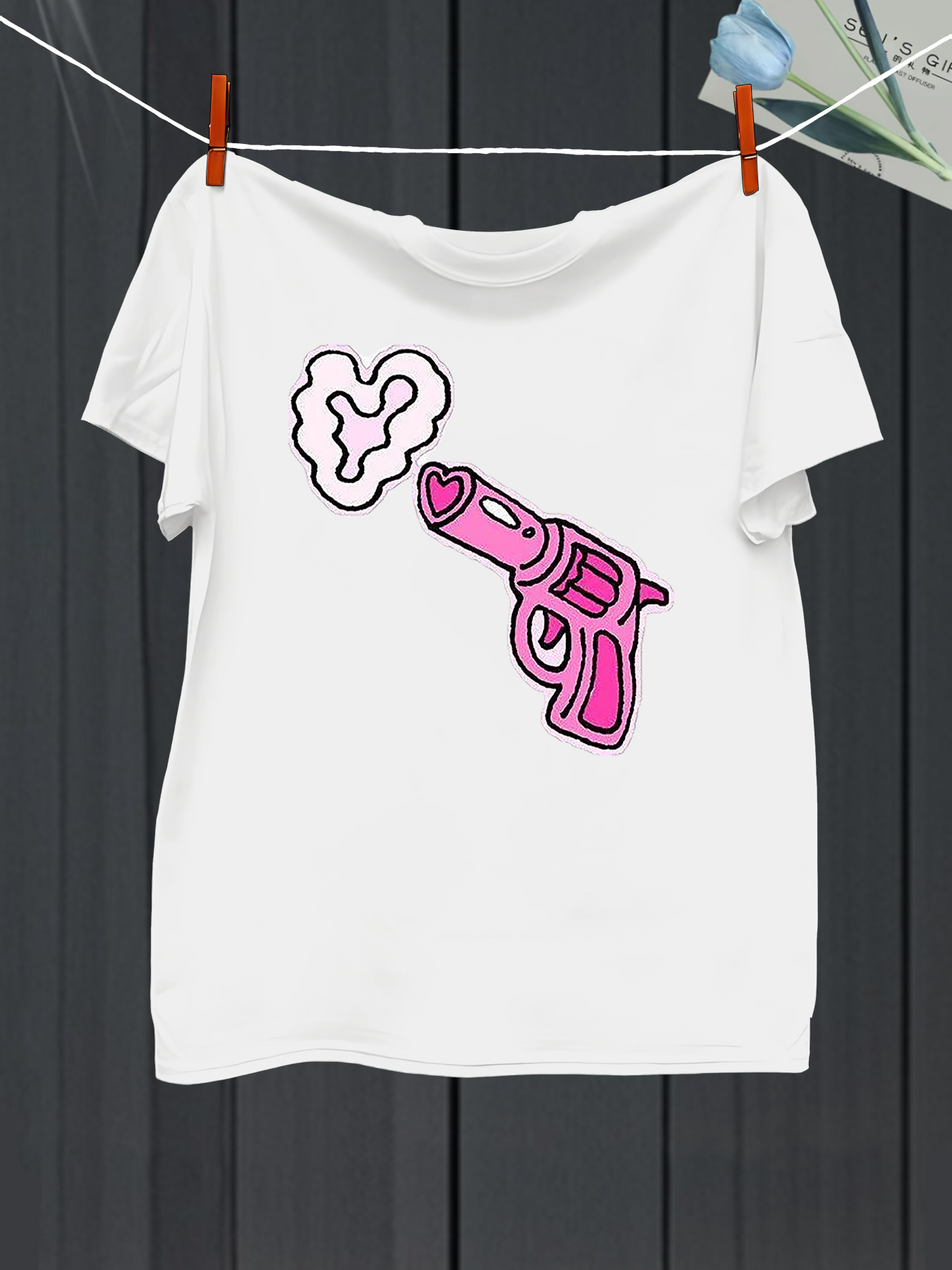 Men's Graphic T-Shirt Playful Pink Toy Gun With Heart Shaped Cloud Smoke Illustration