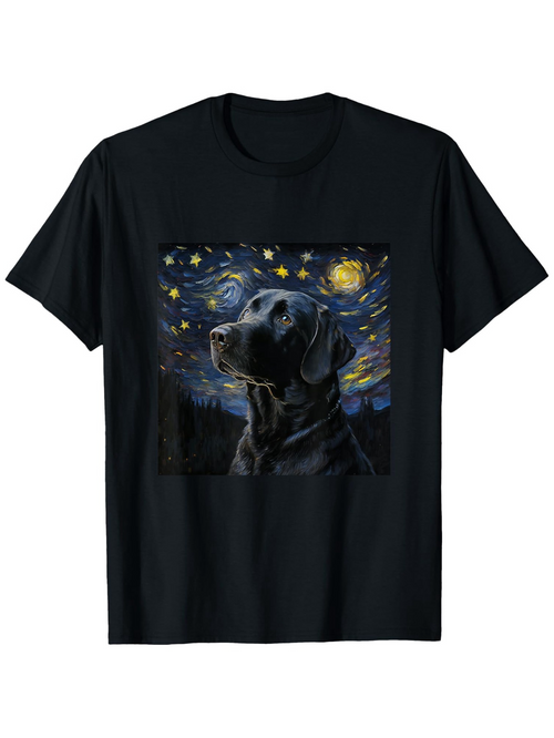 Men's Graphic T-Shirt Starry Night With Swirling Sky Surrounding A Black Labrador Dog