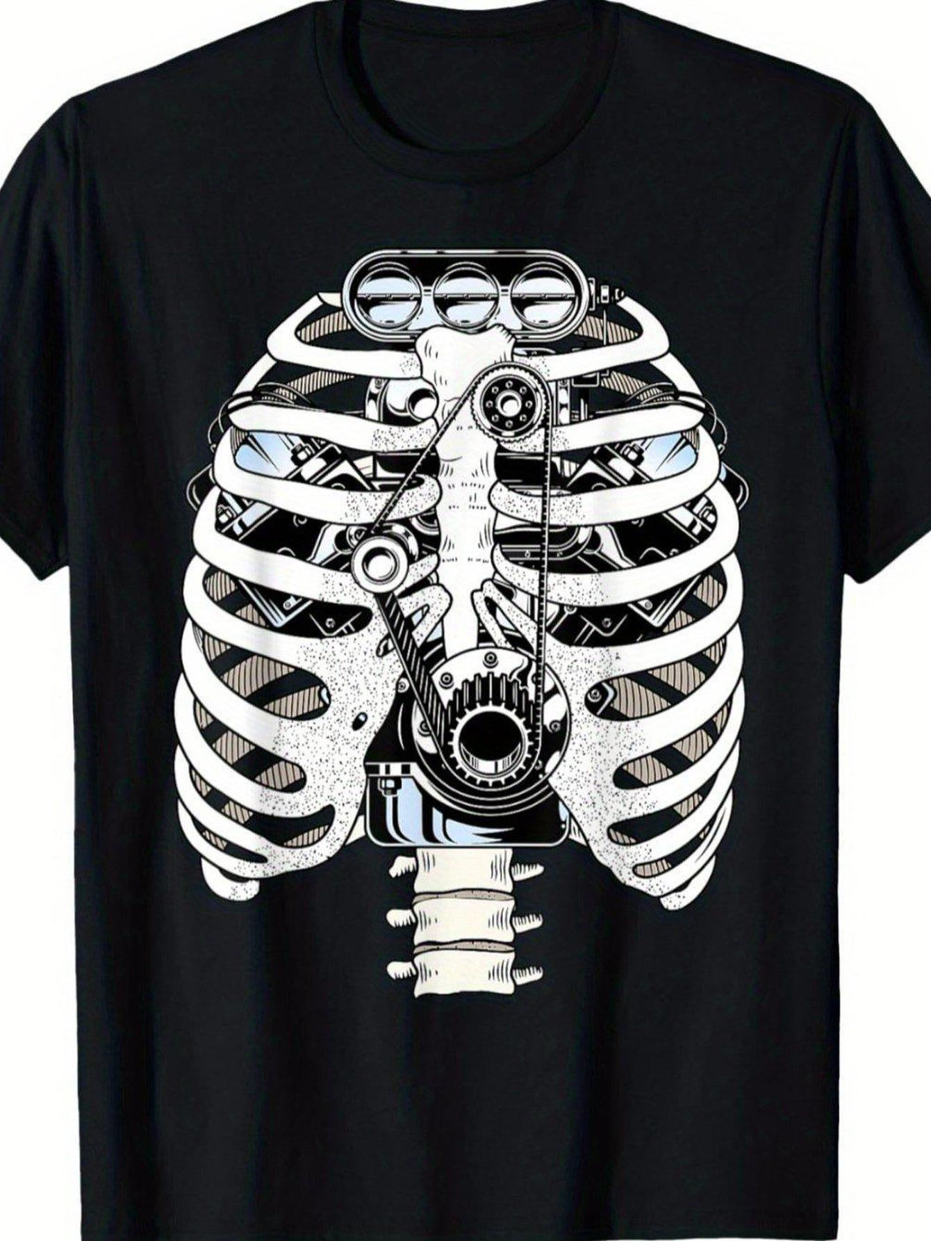 Men's Graphic T-Shirt Mechanical Bones With Metallic Gears Among Stylized Ribcage Structure Skeleton