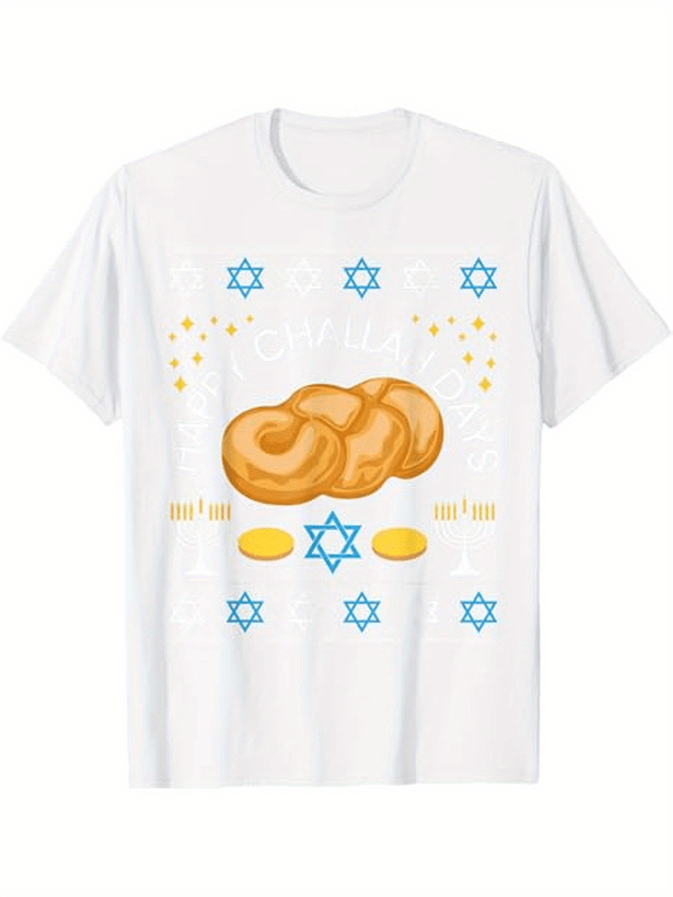 Men's Graphic T-Shirt Golden Challah Loaf Among Blue Stars With Coins And Festive Light Bread