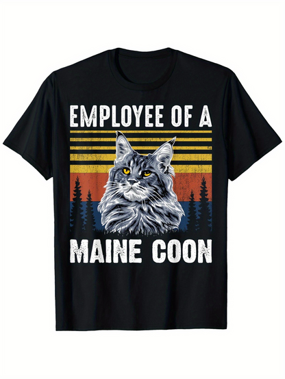 Men's Graphic T-Shirt Employee Of A Maine Coon Surrounded By Pine Forest And Retro Stripes Cat
