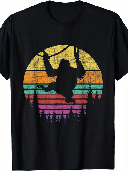 Men's Graphic T-Shirt Vintage Sunset With Forest And Swinging Silhouette Ape