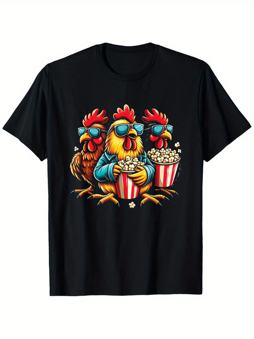 Men's Graphic T-Shirt Retro Chickens Eating Popcorn Together Wearing Blue Sunglasses