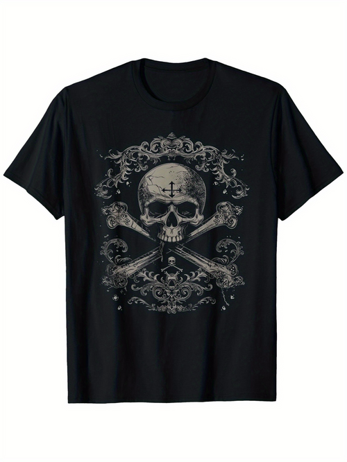 Men's Graphic T-Shirt Vintage Filigree With Skull Bones Under Dark Ornaments Skull