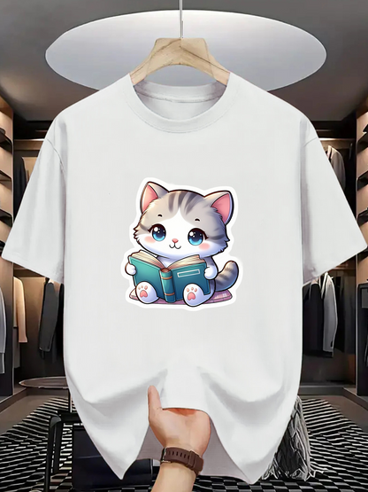 Men's Graphic T-Shirt Adorable Fluffy Gray Kitten Reading A Cute Book Cat