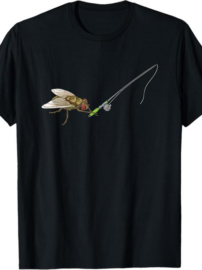 Men's Graphic T-Shirt Detailed Artistic Insect Holding A Fishing Rod Over Slim Black Shirt