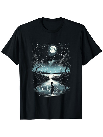 Men's Graphic T-Shirt Starry Night Lights And Reflections Over Calm River With Silhouetted Cat