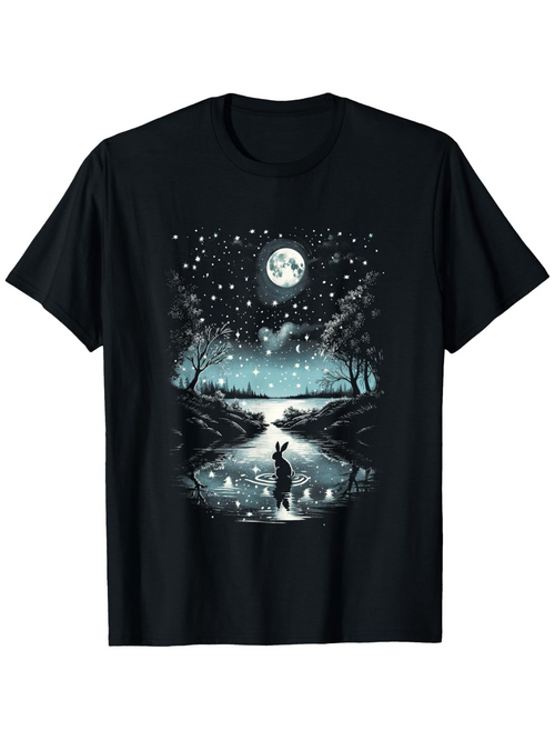 Men's Graphic T-Shirt Starry Night Lights And Reflections Over Calm River With Silhouetted Cat