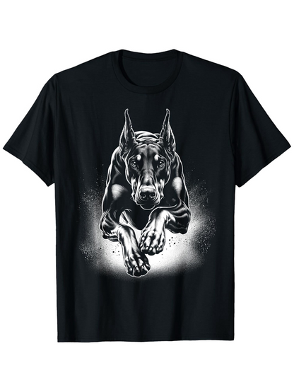 Men's Graphic T-Shirt Black And White Fierce Dog Emerging From Shadow Doberman