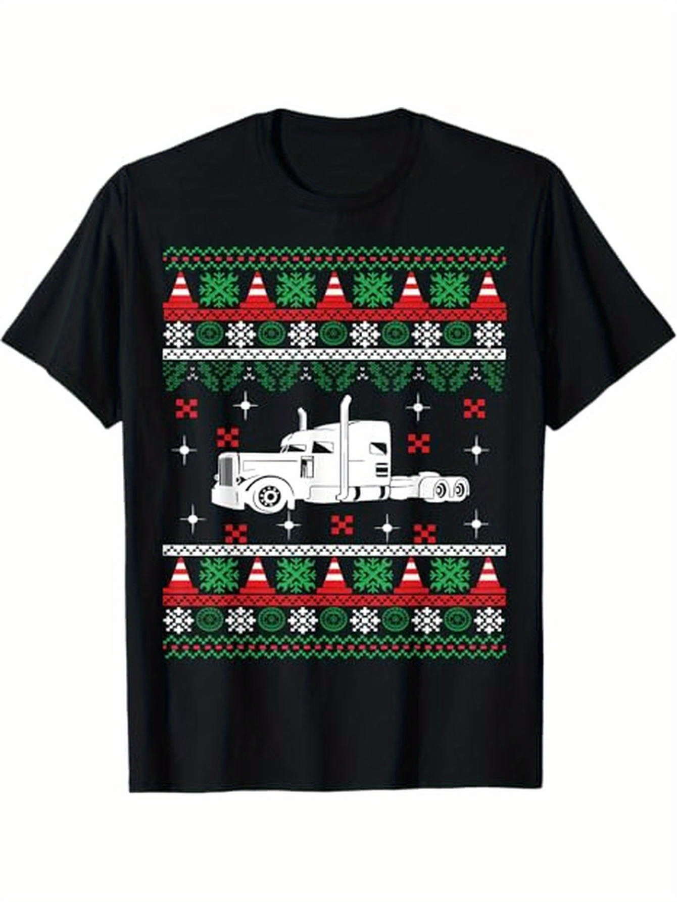 Men's Graphic T-Shirt Festive Patterned Christmas Trees With Snowflakes Surrounding A Classic Truck