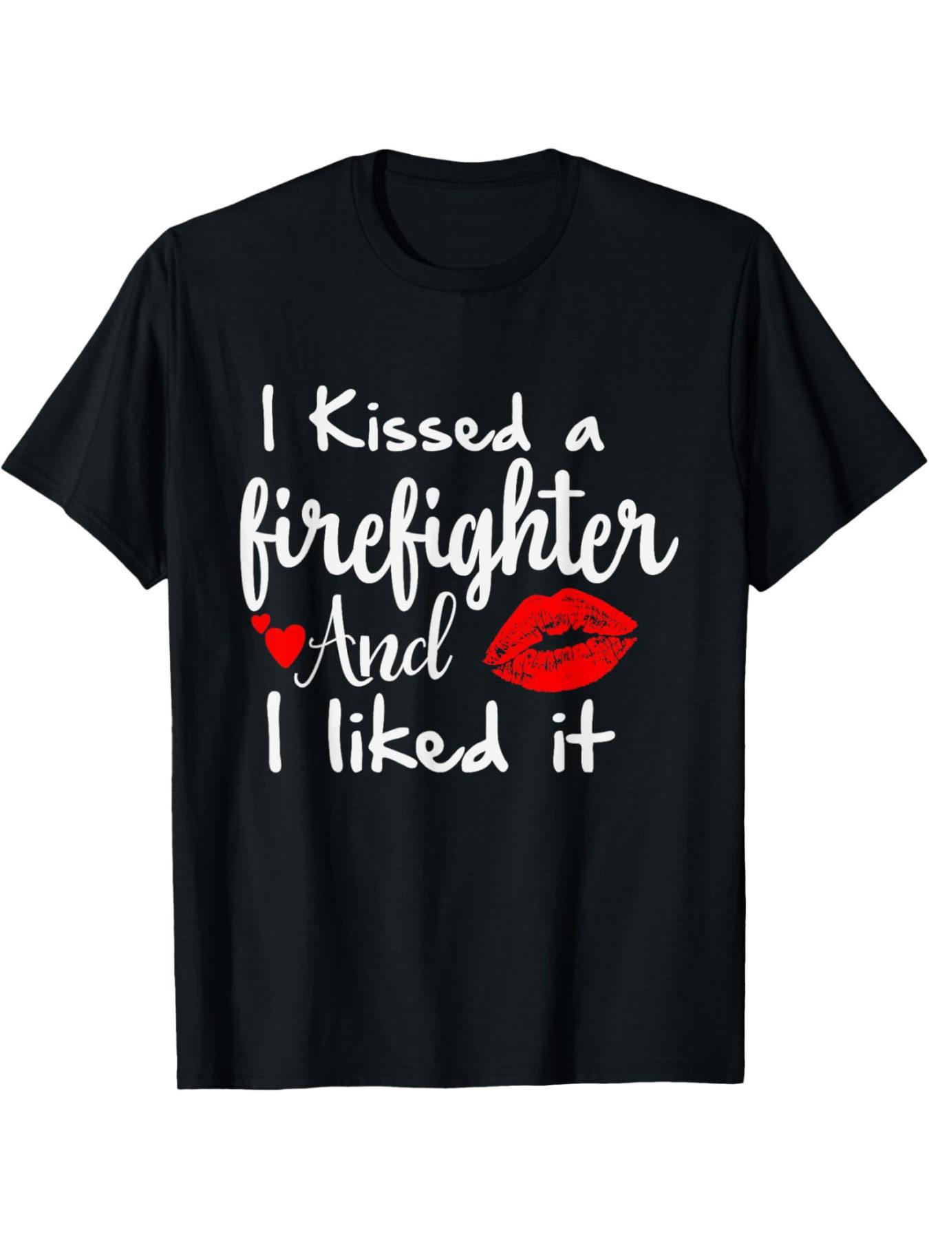 Men's Graphic T-Shirt I Kissed A Firefighter And I Liked It Red Lip Print Black Shirt