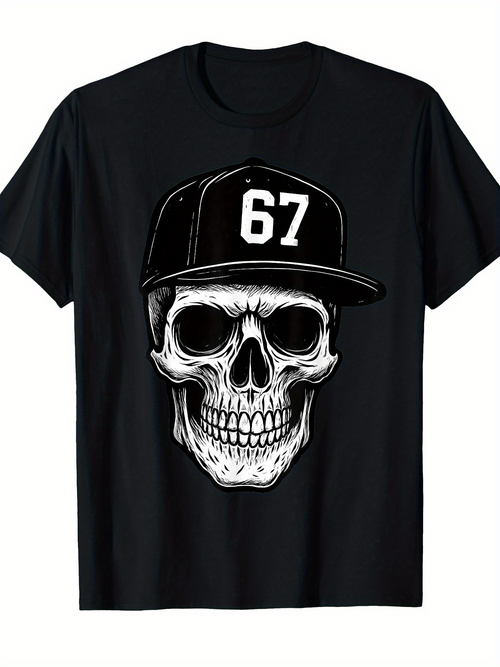Men's Graphic T-Shirt Bold Number 67 On Monochrome Hat Featuring Menacing Skull Design