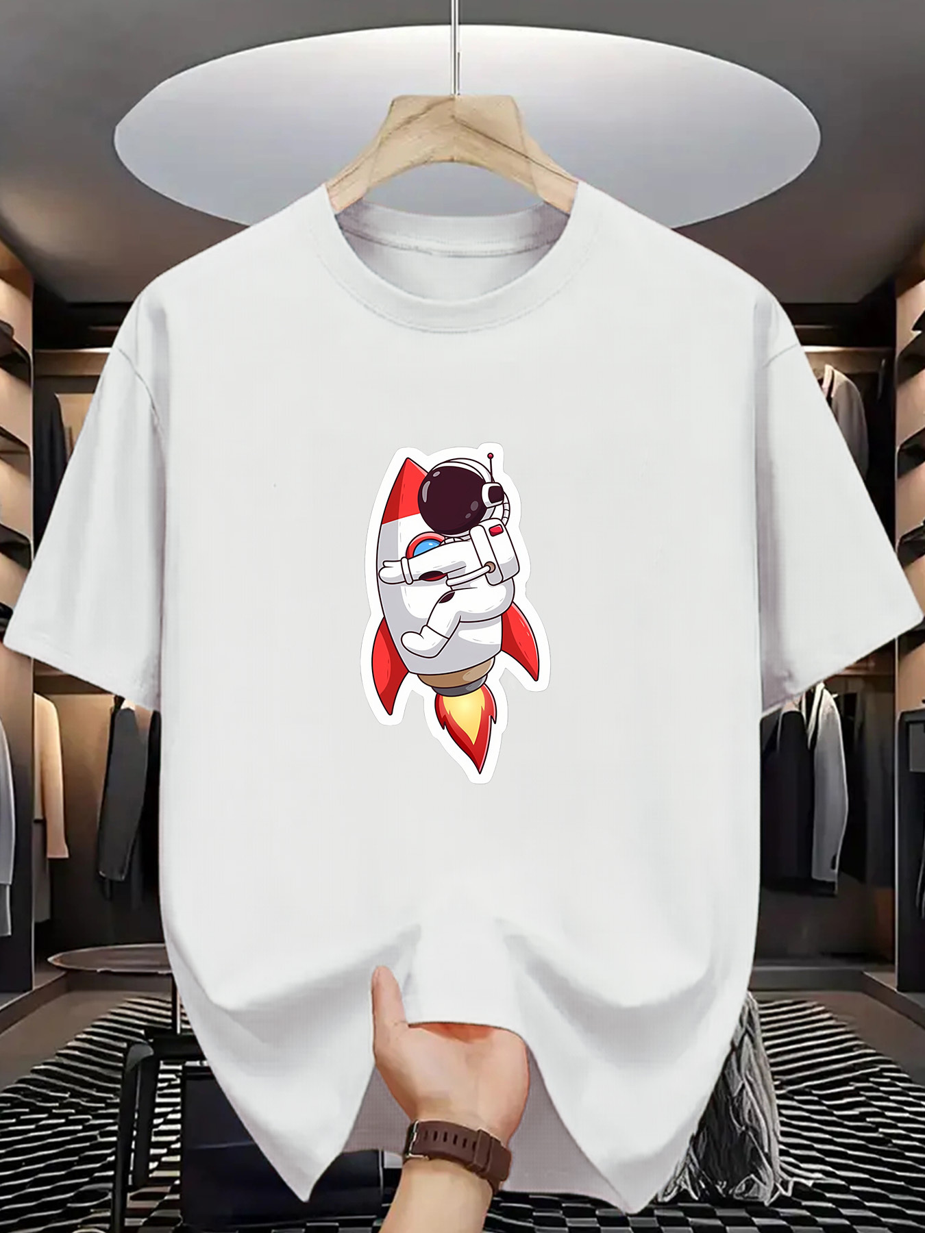 Men's Graphic T-Shirt Adorable Astronaut Riding A Red Hot Blazing Rocketship